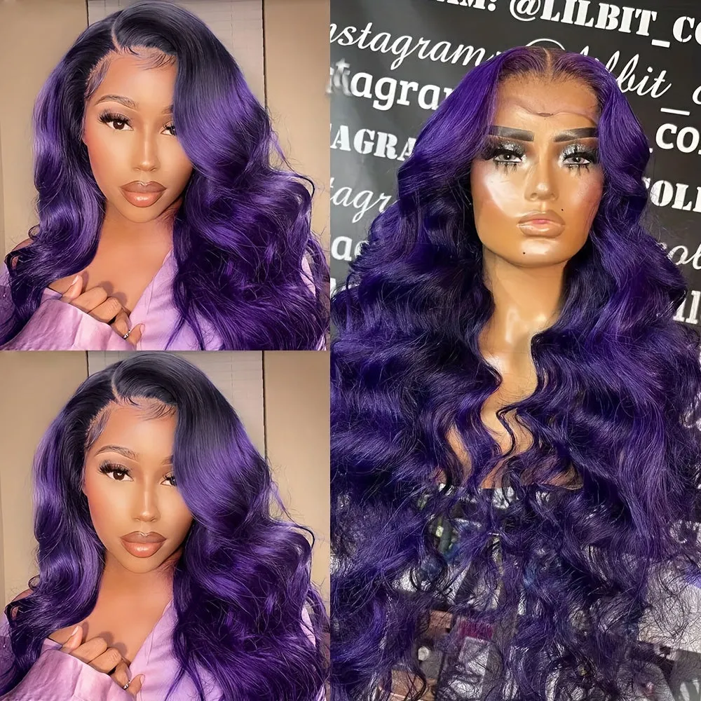 13x4 Inch Deep Part Space Ombre Purple with Black Roots Lace Front Wig - Heat Resistant, Pre-plucked Hairline, Loose Curly Wave, Glueless, Long, Loose Wavy, Daily Party Use Synthetic Wig for Women