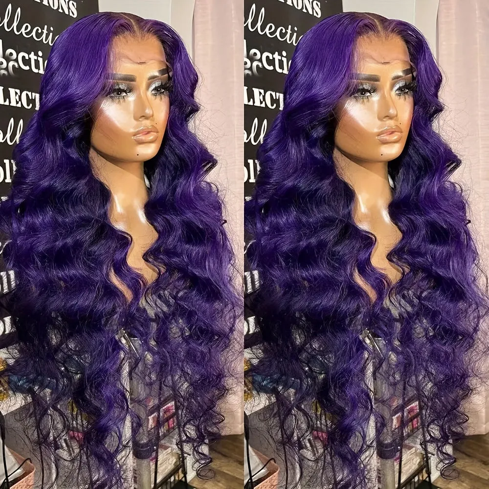13x4 Inch Deep Part Space Ombre Purple with Black Roots Lace Front Wig - Heat Resistant, Pre-plucked Hairline, Loose Curly Wave, Glueless, Long, Loose Wavy, Daily Party Use Synthetic Wig for Women