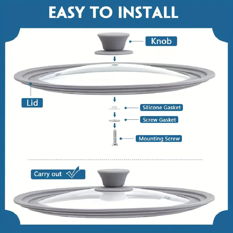1pc Universal Tempered Glass Pot Cover - Kitchen & Dining Cookware - Fits 20-28cm/7.8-11.02in Pans, Heat-Resistant, Dishwasher Safe, Silicone Edge, Gray, Replacement Cover for Flat Pan and Frying Pan