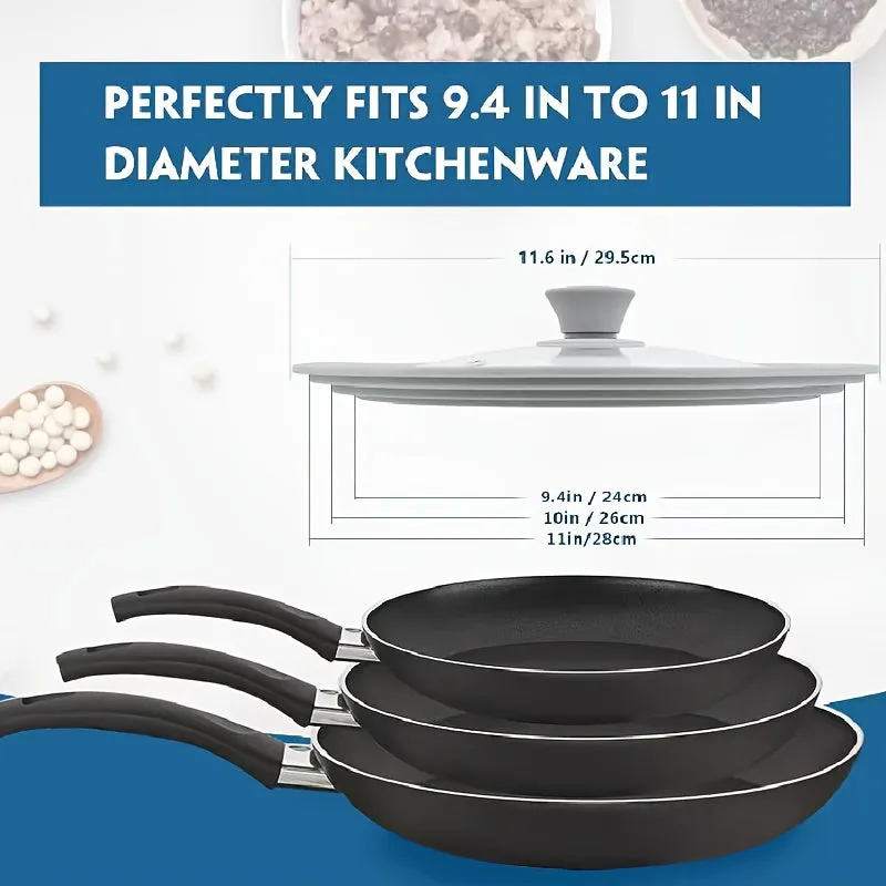 1pc Universal Tempered Glass Pot Cover - Kitchen & Dining Cookware - Fits 20-28cm/7.8-11.02in Pans, Heat-Resistant, Dishwasher Safe, Silicone Edge, Gray, Replacement Cover for Flat Pan and Frying Pan