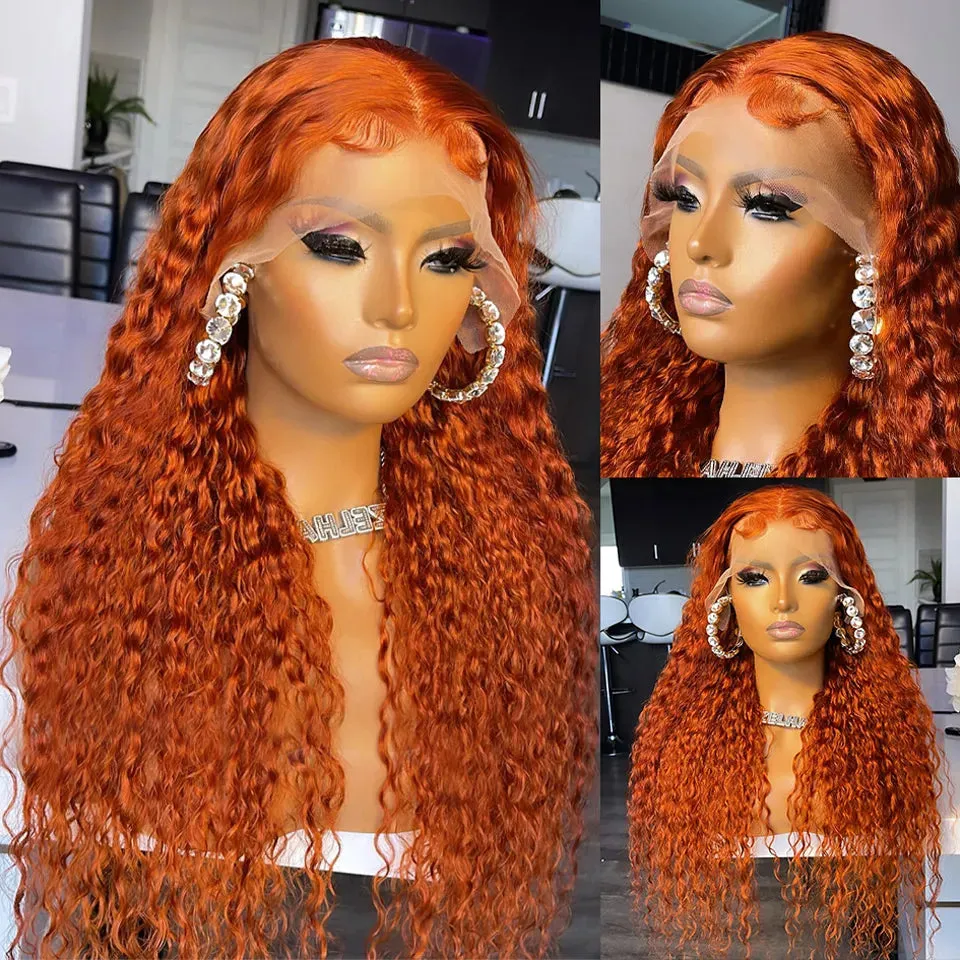 250 Density Deep Curly Human Hair Wigs 360 Lace Frontal Ginger Curly Glueless Wig Orange Colored HD Deep Wave Lace Frontal Wigs for Women
