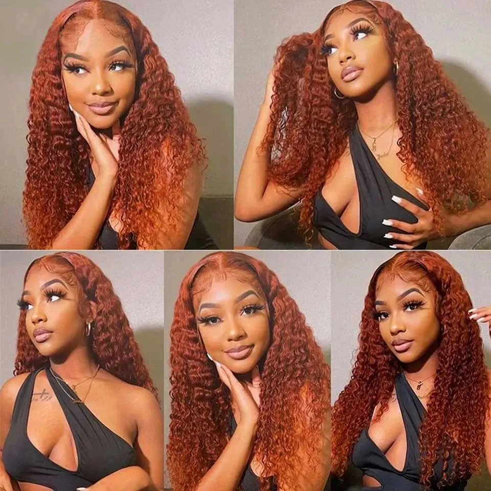 250 Density Deep Curly Human Hair Wigs 360 Lace Frontal Ginger Curly Glueless Wig Orange Colored HD Deep Wave Lace Frontal Wigs for Women
