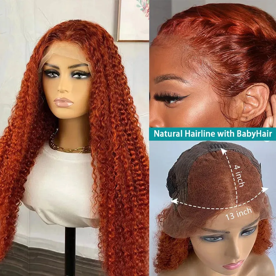 250 Density Deep Curly Human Hair Wigs 360 Lace Frontal Ginger Curly Glueless Wig Orange Colored HD Deep Wave Lace Frontal Wigs for Women