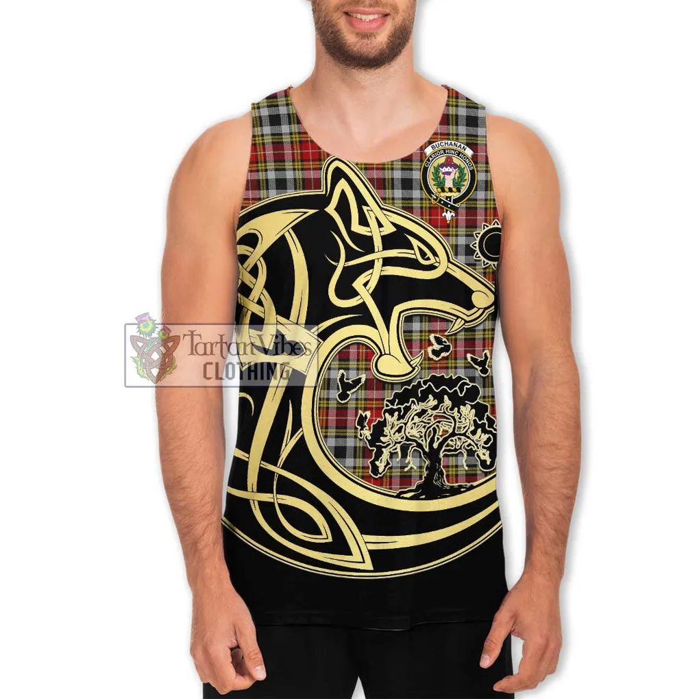 Buchanan Old Dress Tartan Men's Tank Top with Family Crest Celtic Wolf Style