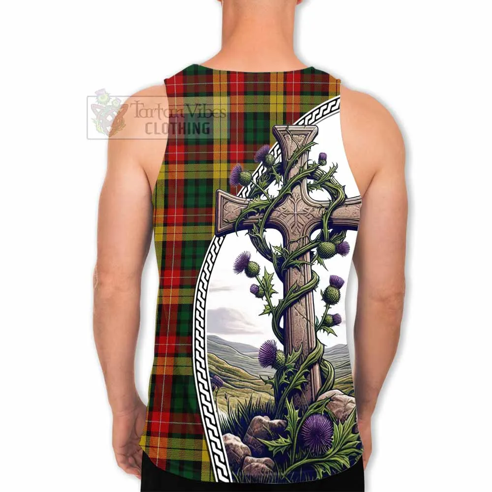 Buchanan Tartan Men's Tank Top with Family Crest and St. Andrew's Cross Accented by Thistle Vines