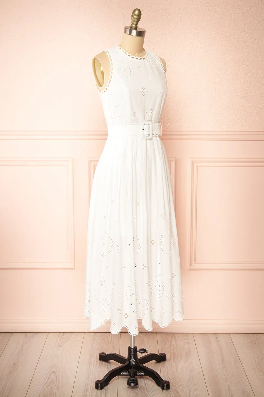 Danilynn | Midi White Openwork Dress w/ Belt