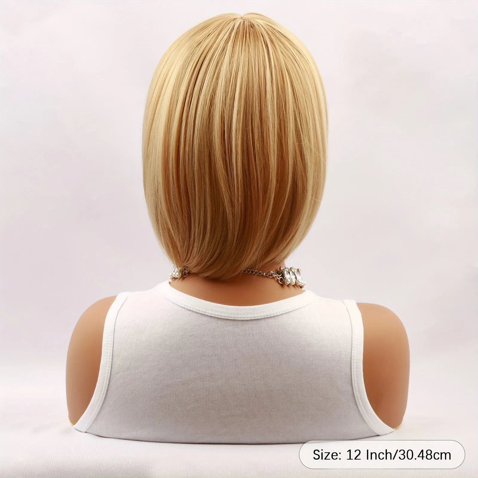 Elegant 12-Inch Blonde Highlight Short Straight Wig With Bangs For Women - 150% Density, Heat Resistant Synthetic Fiber, Beginner Friendly
