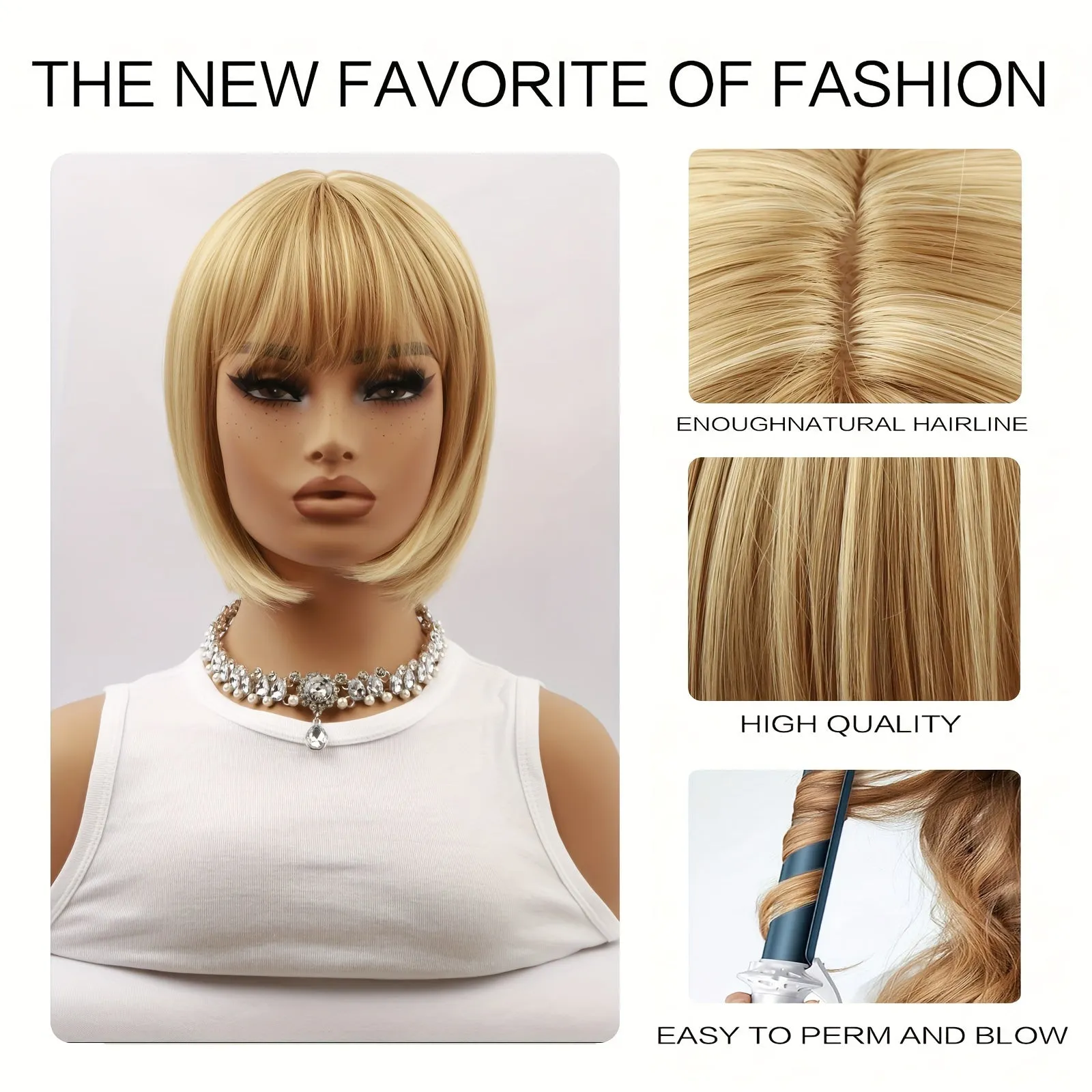 Elegant 12-Inch Blonde Highlight Short Straight Wig With Bangs For Women - 150% Density, Heat Resistant Synthetic Fiber, Beginner Friendly