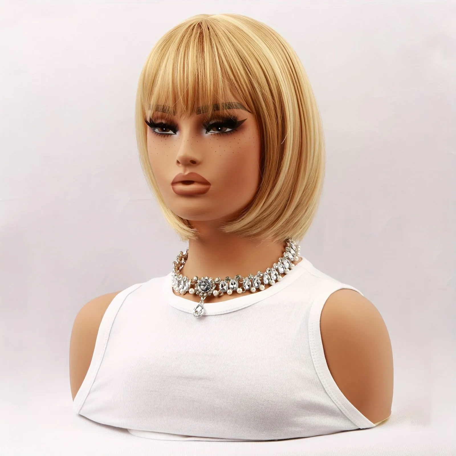 Elegant 12-Inch Blonde Highlight Short Straight Wig With Bangs For Women - 150% Density, Heat Resistant Synthetic Fiber, Beginner Friendly