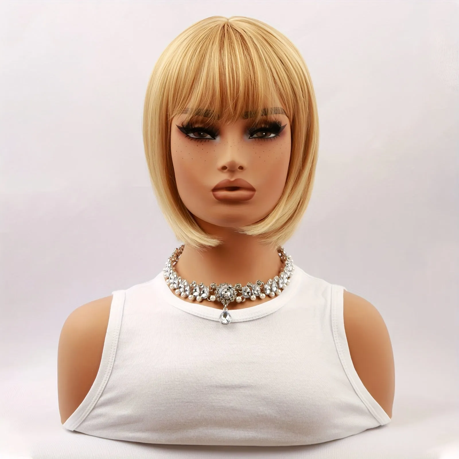 Elegant 12-Inch Blonde Highlight Short Straight Wig With Bangs For Women - 150% Density, Heat Resistant Synthetic Fiber, Beginner Friendly