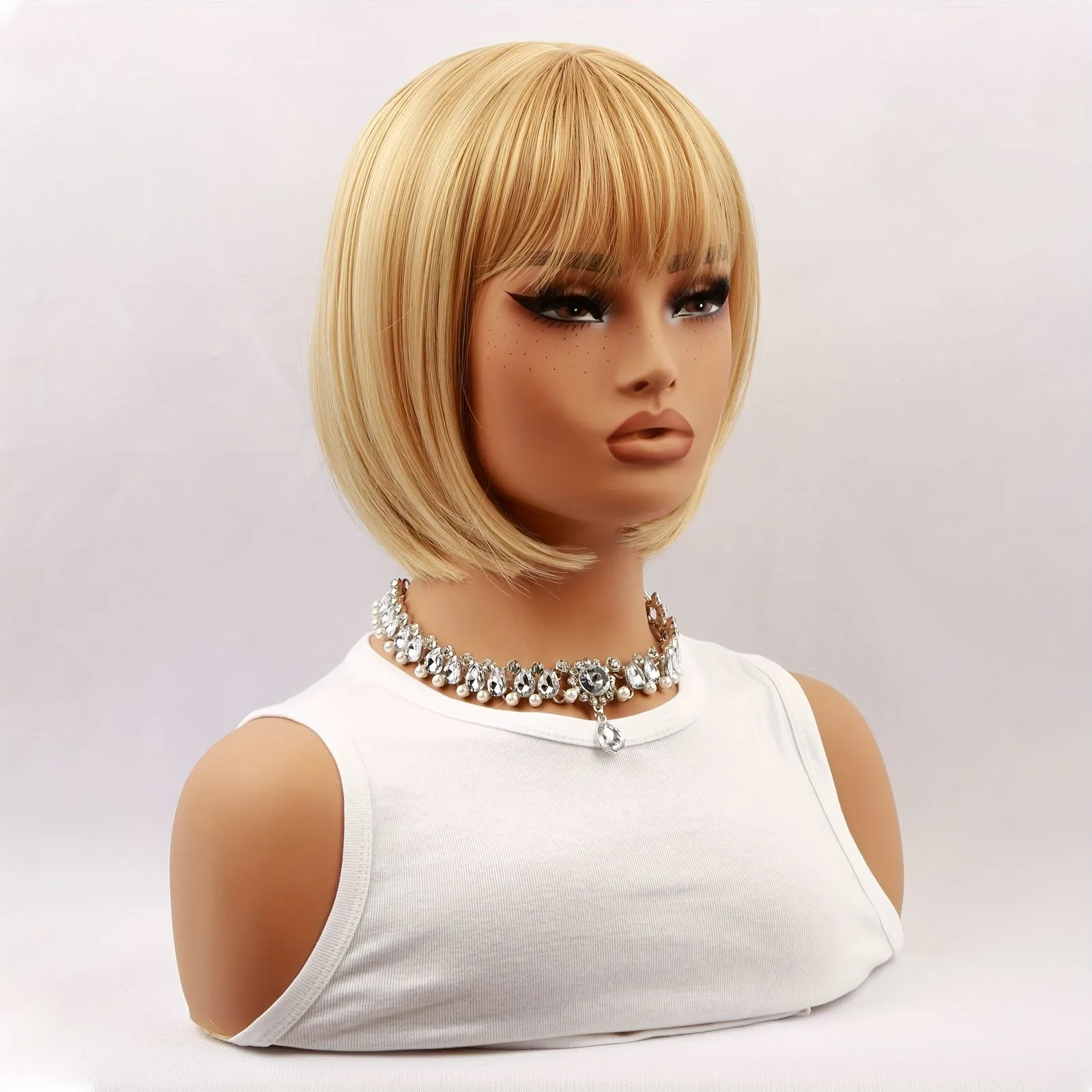 Elegant 12-Inch Blonde Highlight Short Straight Wig With Bangs For Women - 150% Density, Heat Resistant Synthetic Fiber, Beginner Friendly
