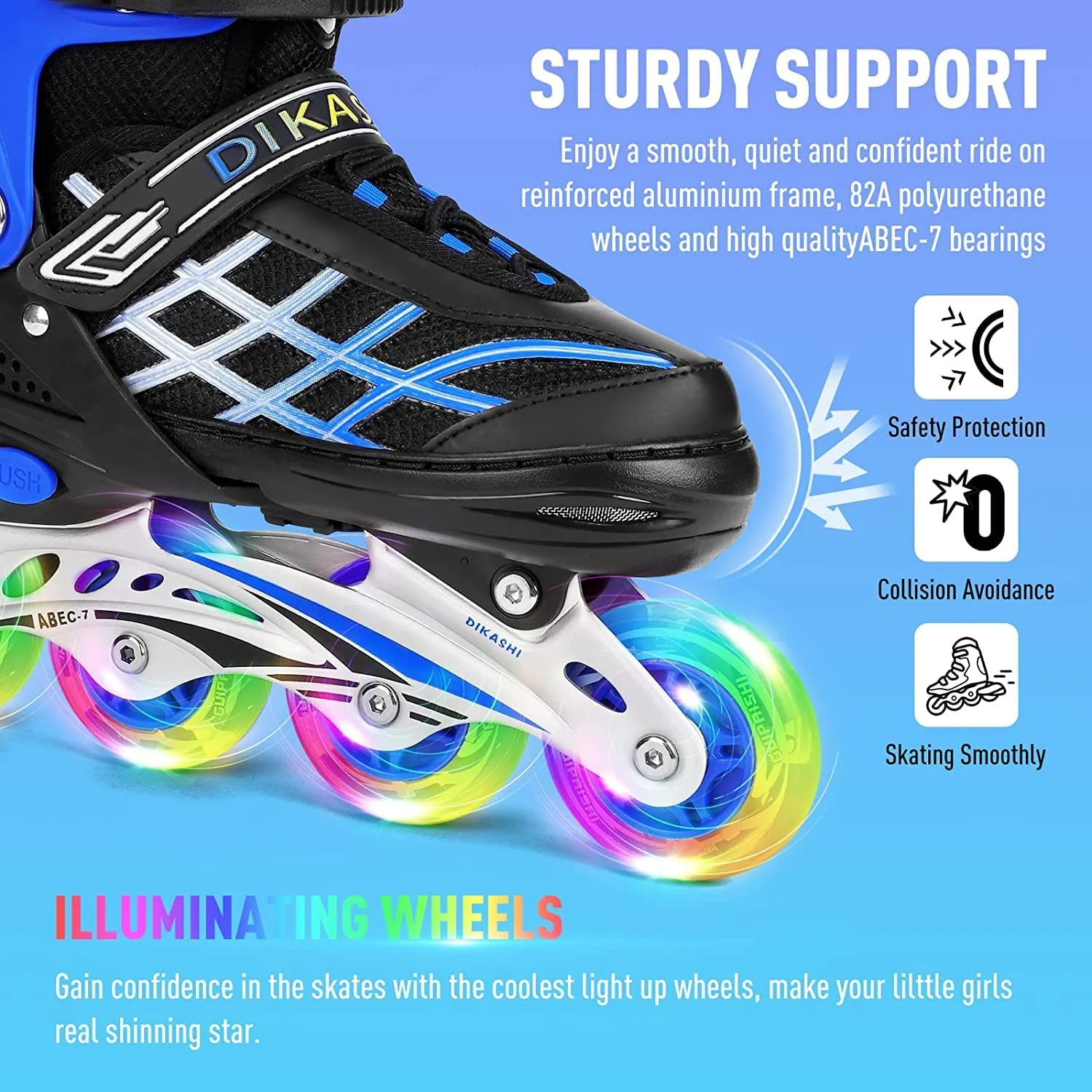 Kids Adjustable Inline Skates with Light Up Wheels Size27-32 Blue