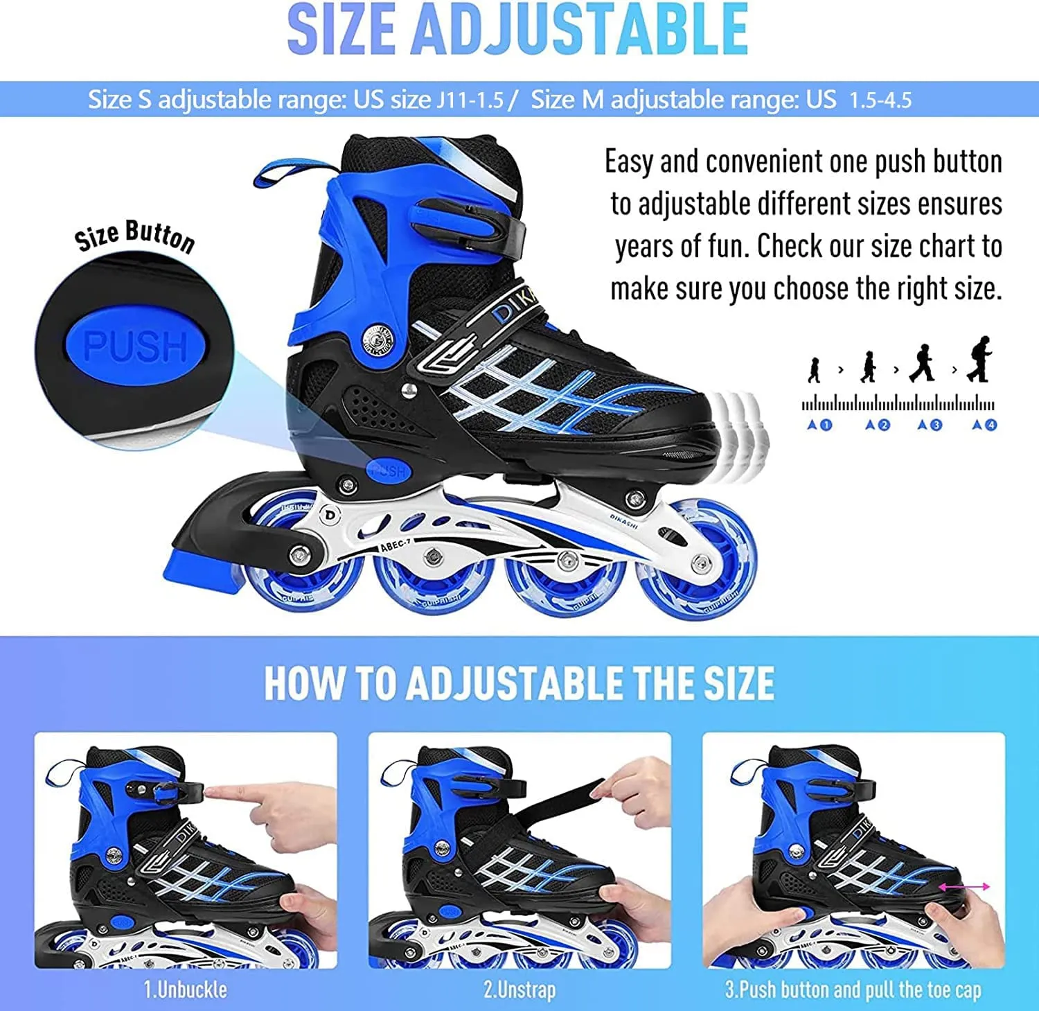 Kids Adjustable Inline Skates with Light Up Wheels Size27-32 Blue