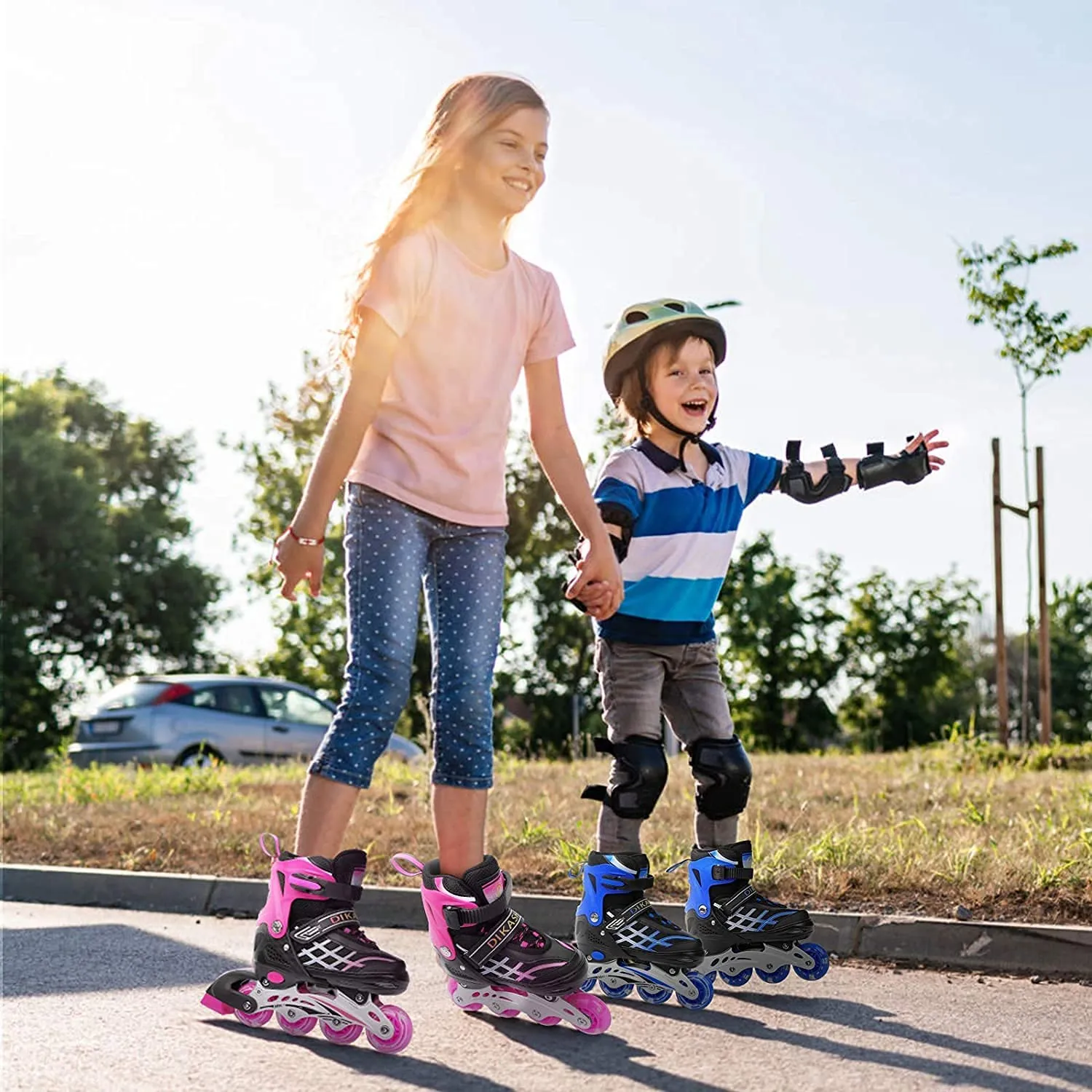 Kids Adjustable Inline Skates with Light Up Wheels Size27-32 Blue