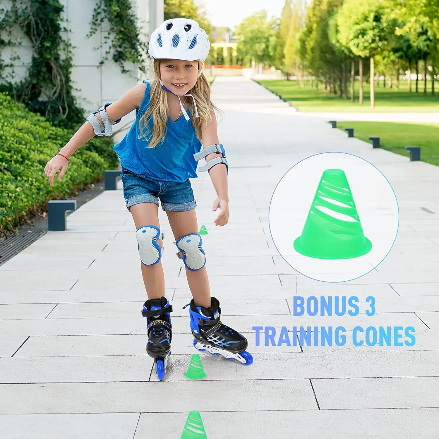 Kids Adjustable Inline Skates with Light Up Wheels Size27-32 Blue