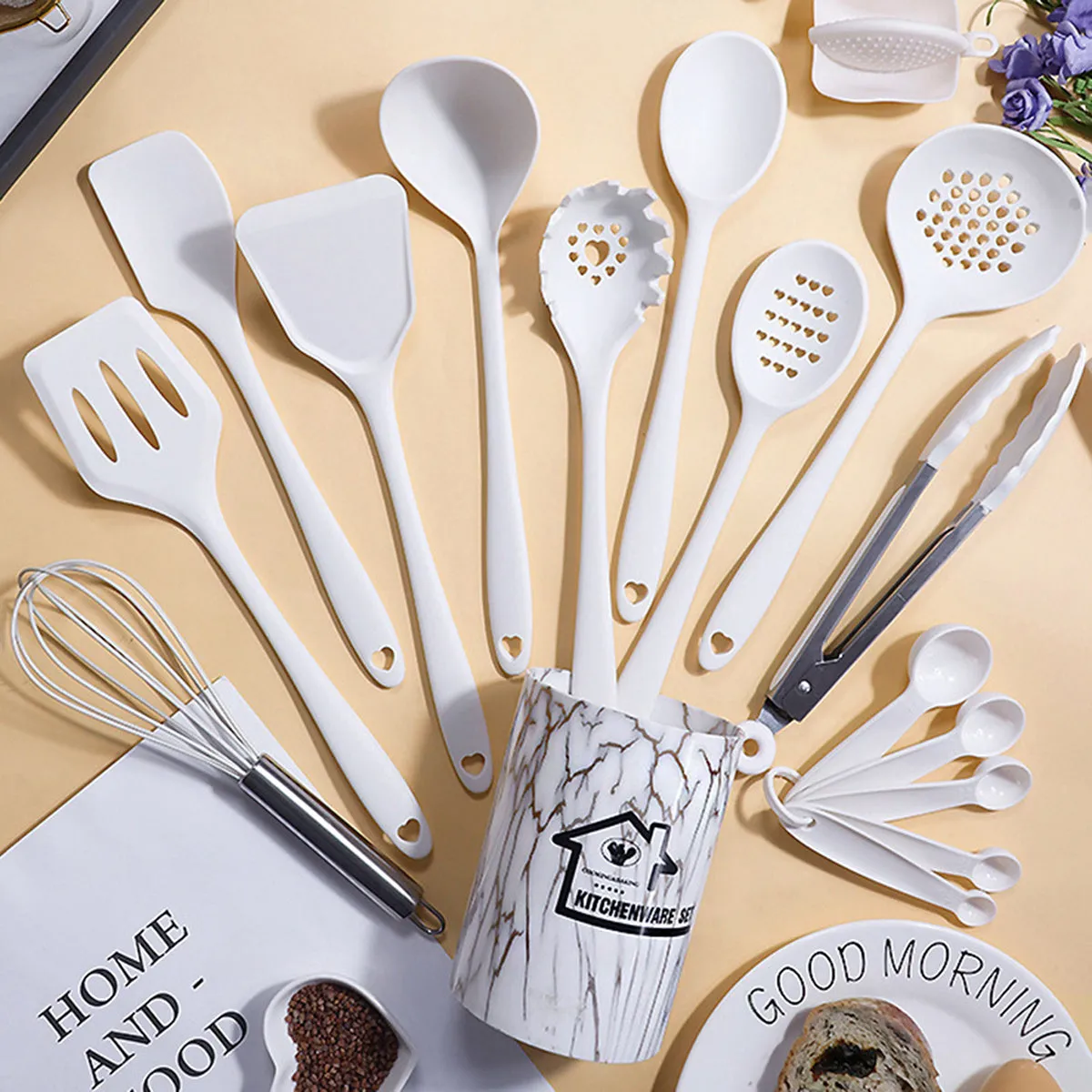 kkboxly 18-Piece Premium Silicone Kitchen Utensil Set - Heat Resistant, Non-Stick, Durable with Storage Bucket - Perfect for Cooking, Baking, and School Dorms - Includes Egg Beater, Tongs, and Measuring Spoon