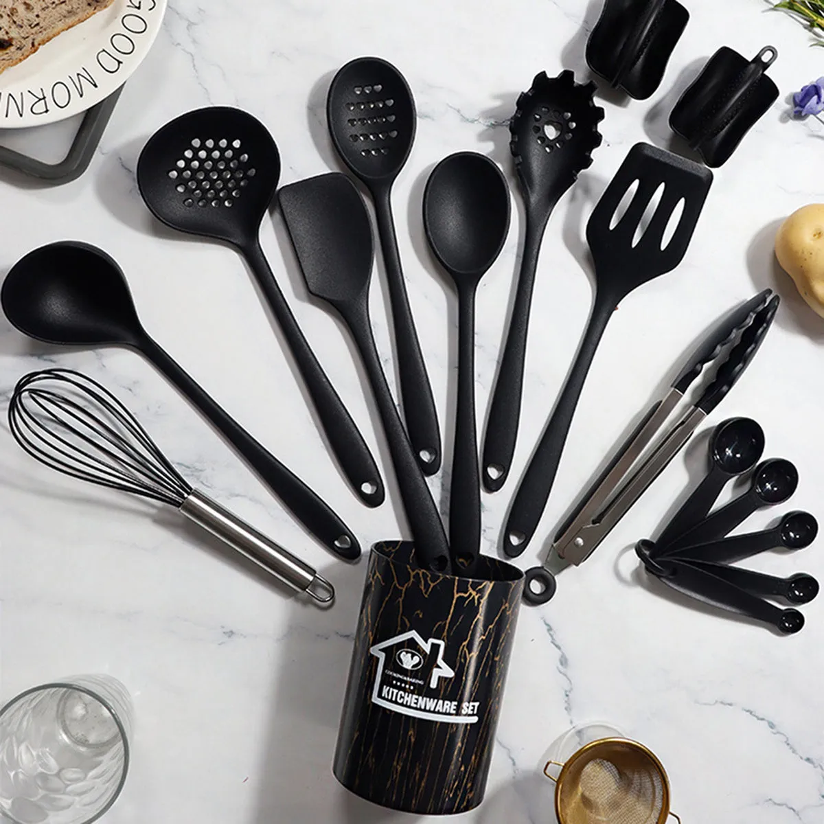 kkboxly 18-Piece Premium Silicone Kitchen Utensil Set - Heat Resistant, Non-Stick, Durable with Storage Bucket - Perfect for Cooking, Baking, and School Dorms - Includes Egg Beater, Tongs, and Measuring Spoon