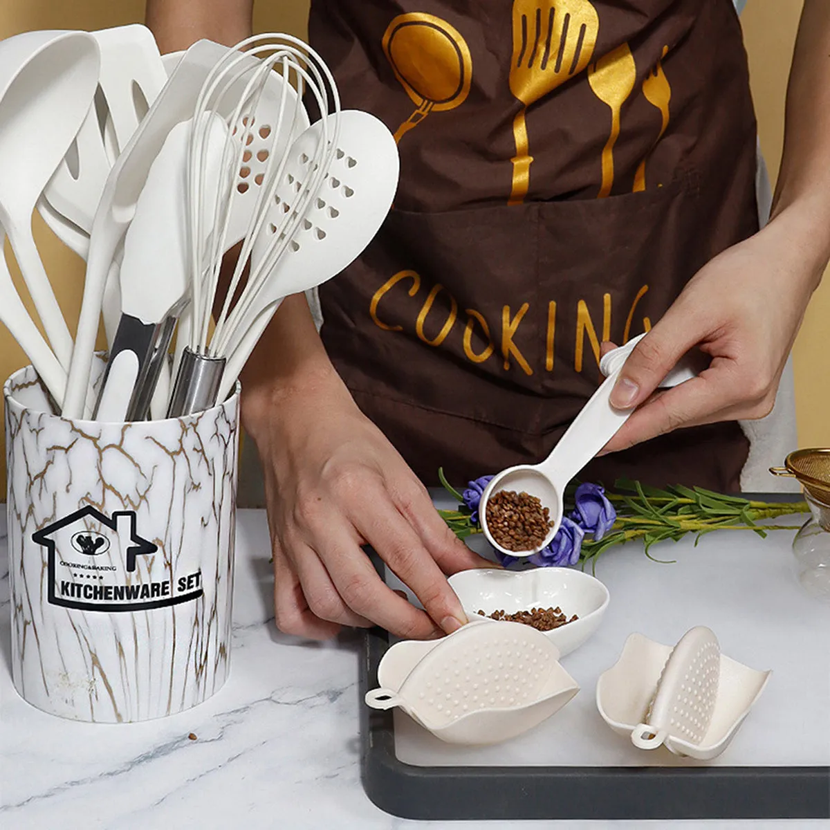 kkboxly 18-Piece Premium Silicone Kitchen Utensil Set - Heat Resistant, Non-Stick, Durable with Storage Bucket - Perfect for Cooking, Baking, and School Dorms - Includes Egg Beater, Tongs, and Measuring Spoon