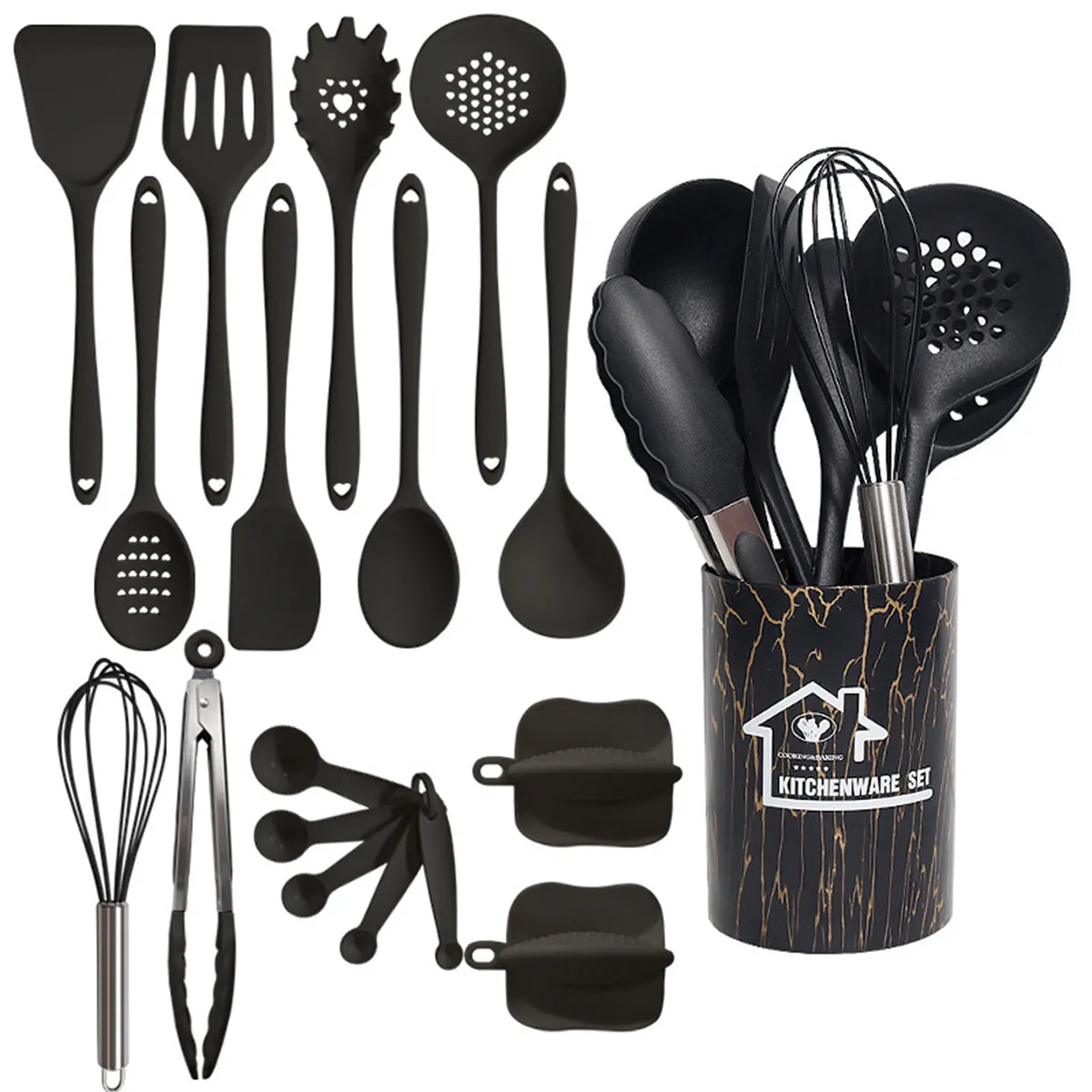 kkboxly 18-Piece Premium Silicone Kitchen Utensil Set - Heat Resistant, Non-Stick, Durable with Storage Bucket - Perfect for Cooking, Baking, and School Dorms - Includes Egg Beater, Tongs, and Measuring Spoon