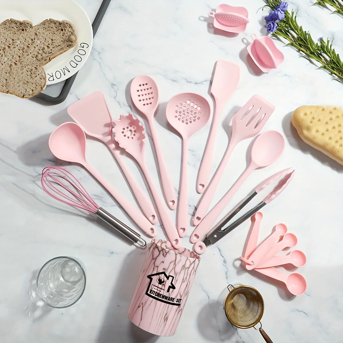 kkboxly 18-Piece Premium Silicone Kitchen Utensil Set - Heat Resistant, Non-Stick, Durable with Storage Bucket - Perfect for Cooking, Baking, and School Dorms - Includes Egg Beater, Tongs, and Measuring Spoon