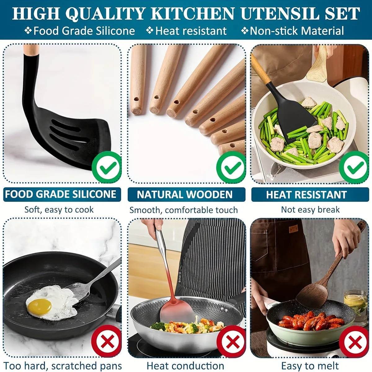 kkboxly 43pcs/set, Silicone Cooking Utensils Set, Non-Stick Heat Resistant Kitchen Utensils Spatula Set With Wooden Handle For Baking, Cooking, And Mixing, Best Kitchen Gadgets Tools With Holder, Kitchen Stuff