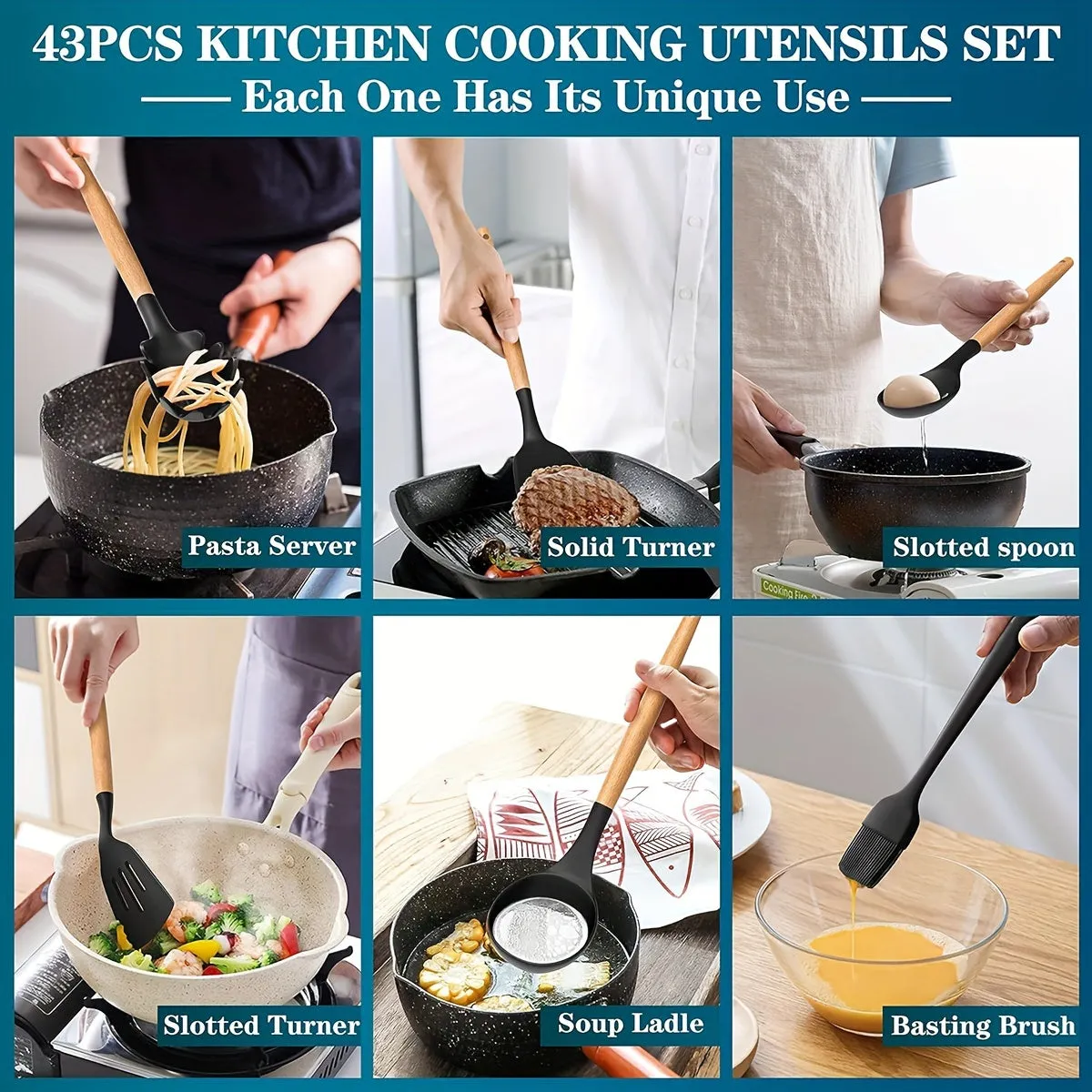 kkboxly 43pcs/set, Silicone Cooking Utensils Set, Non-Stick Heat Resistant Kitchen Utensils Spatula Set With Wooden Handle For Baking, Cooking, And Mixing, Best Kitchen Gadgets Tools With Holder, Kitchen Stuff