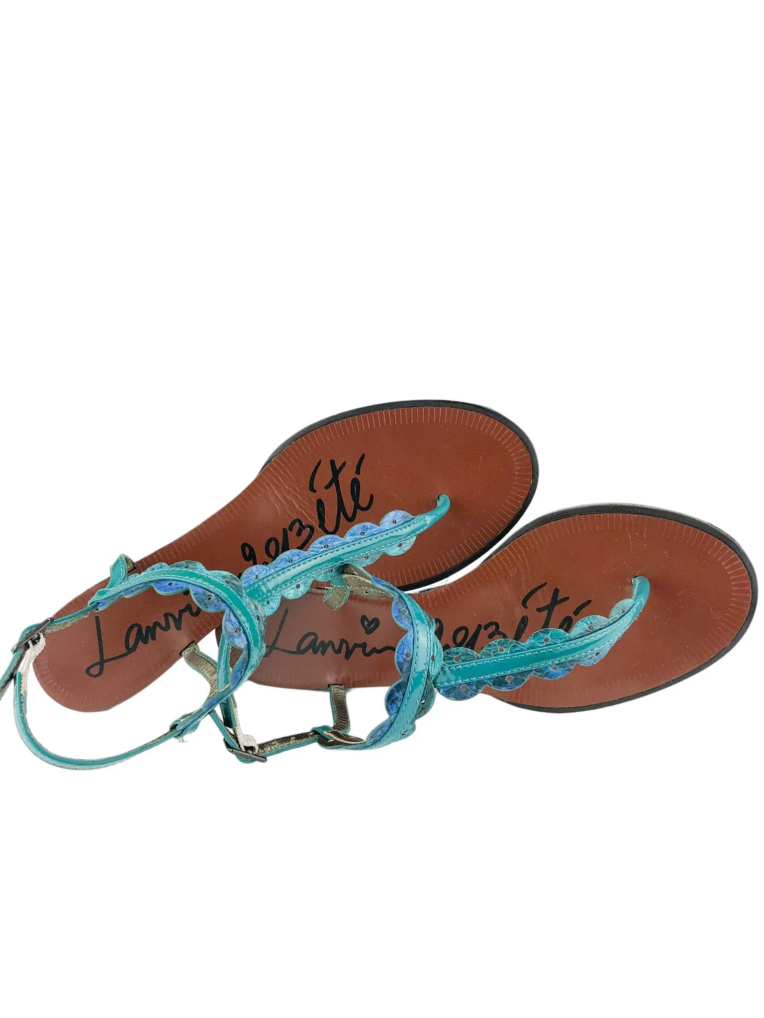 Lanvin, Women's 2013 été T-Strap Wedge Sandal, Green/Turq, Size 7 (38)