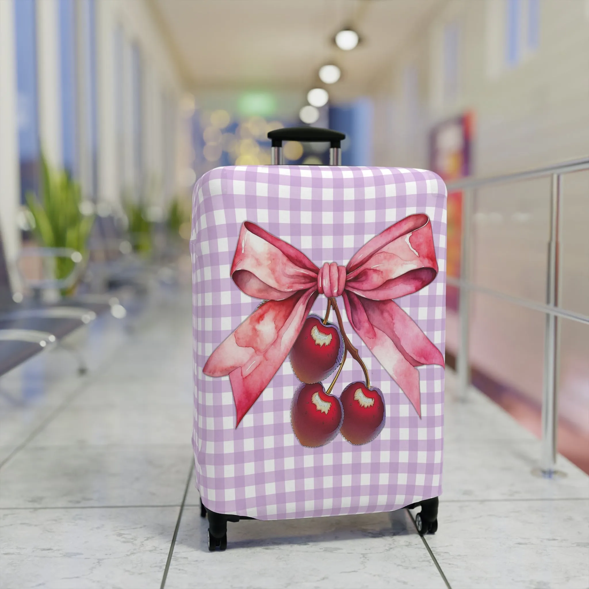 Luggage Cover, Rockabilly, Coquette, Pastel Dark Purple Gingham, Cherries and Ribbon, awd-2515