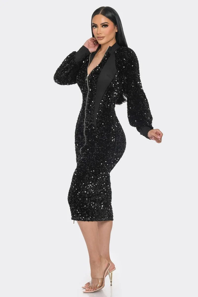 Midi 2 Way Zip Up Sequin Contrast Dress - 2 colors