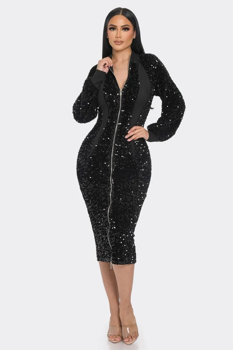 Midi 2 Way Zip Up Sequin Contrast Dress - 2 colors