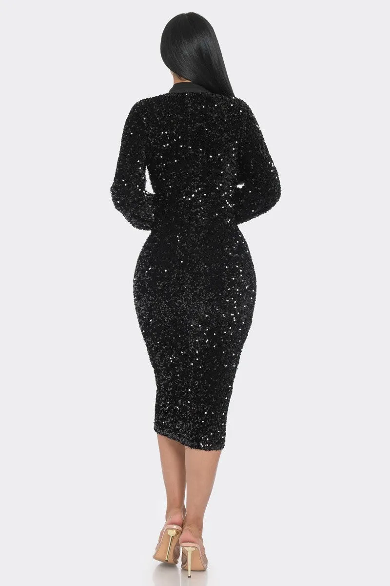 Midi 2 Way Zip Up Sequin Contrast Dress - 2 colors