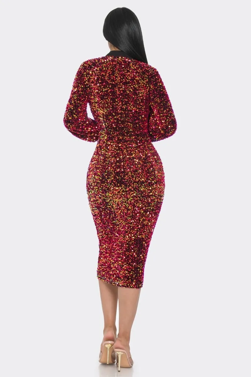 Midi 2 Way Zip Up Sequin Contrast Dress - 2 colors