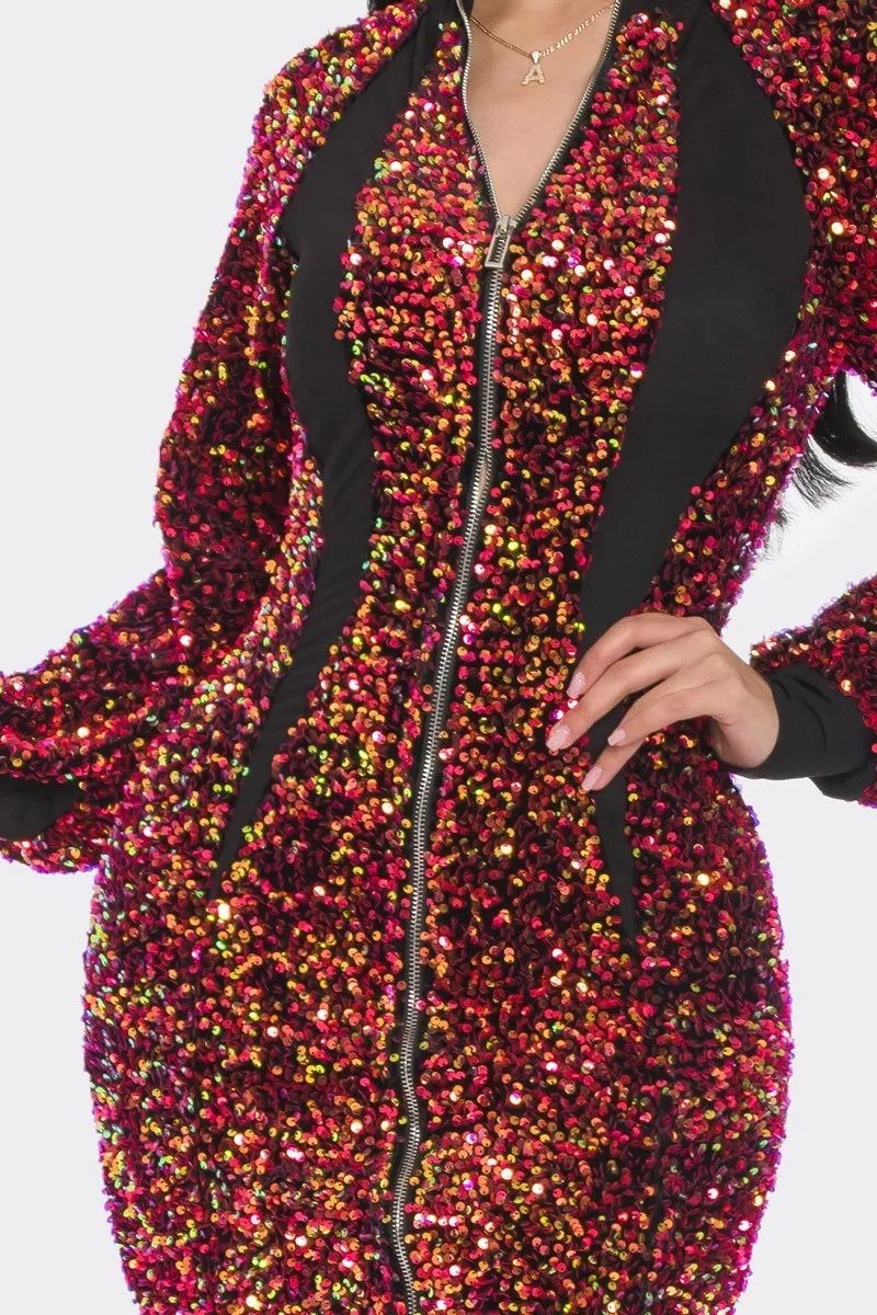 Midi 2 Way Zip Up Sequin Contrast Dress - 2 colors