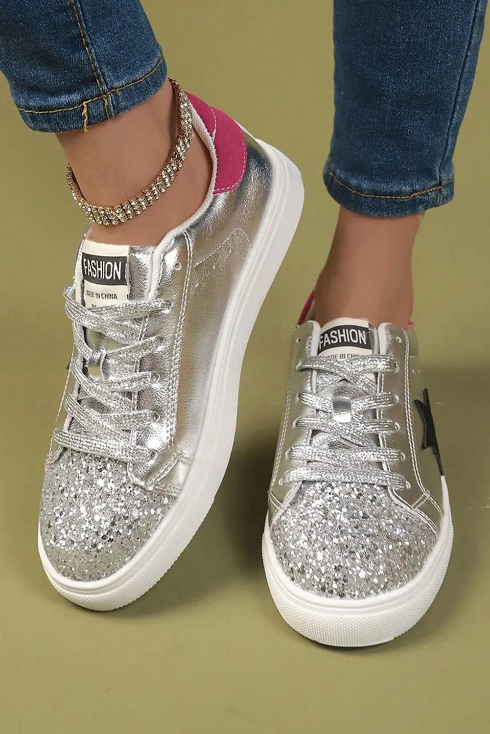 Silvery Metallic Luster Star Pattern Slip On Sneakers