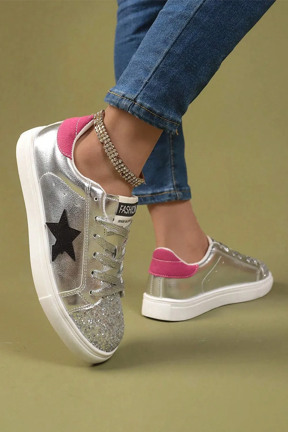 Silvery Metallic Luster Star Pattern Slip On Sneakers
