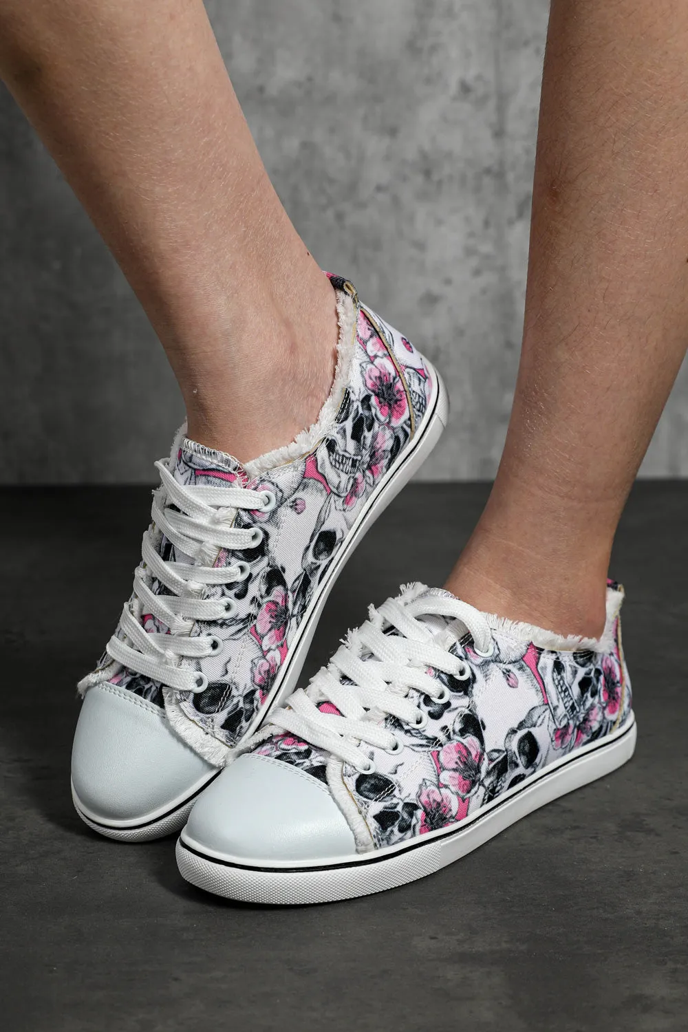 Skull Floral Print Canvas Shoes for Women Lace Up Sneakers