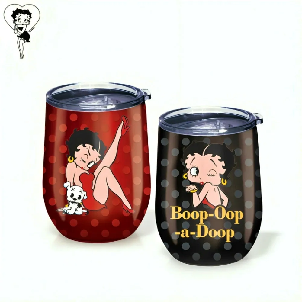The Bradford Exchange Betty Boop™ Drinkware Collection Issue #1 Set of Two 12 oz. Insulated Stainless Steel Tumblers with Reusable Straws Featuring Durable Artwork of Betty Boop and Pudgy™ 4.5-inches