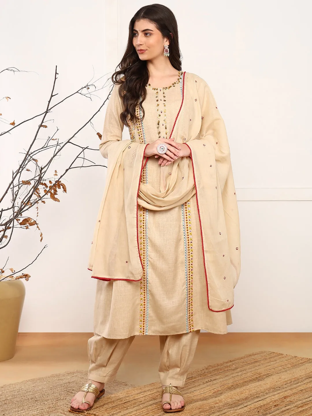 Women Beige Viscose Rayon Solid Embroidered A-Line Kurta Salwar With Dupatta
