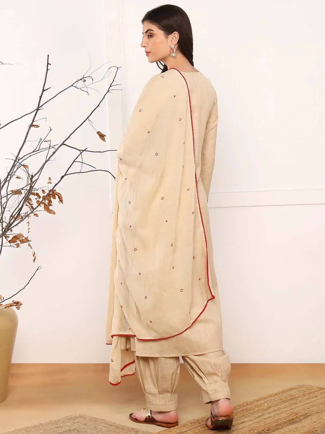 Women Beige Viscose Rayon Solid Embroidered A-Line Kurta Salwar With Dupatta
