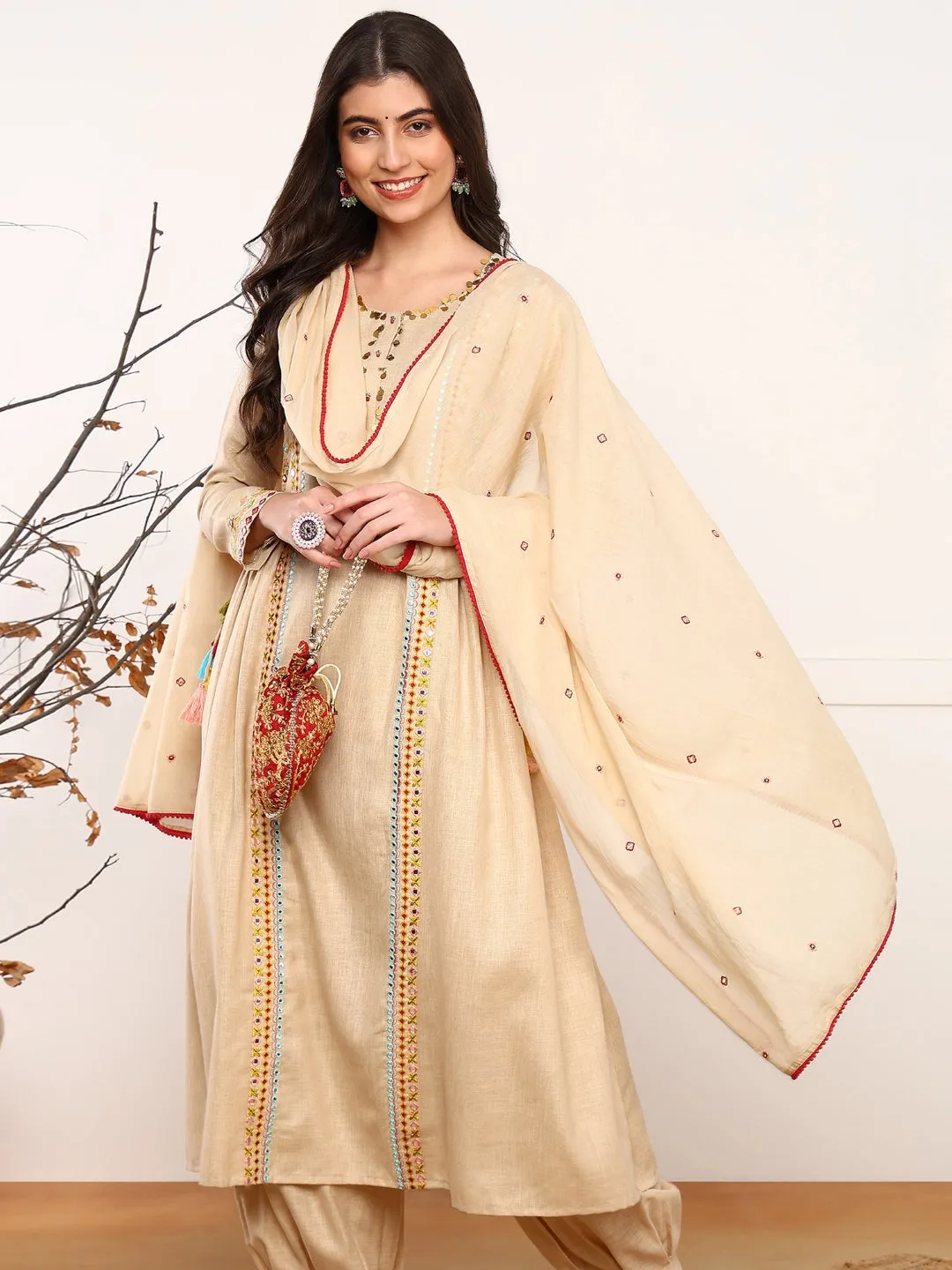 Women Beige Viscose Rayon Solid Embroidered A-Line Kurta Salwar With Dupatta
