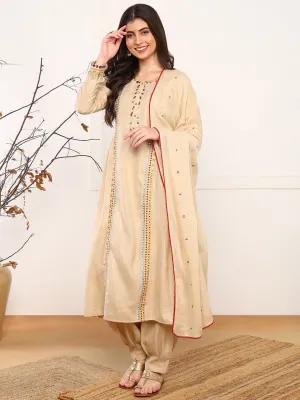 Women Beige Viscose Rayon Solid Embroidered A-Line Kurta Salwar With Dupatta