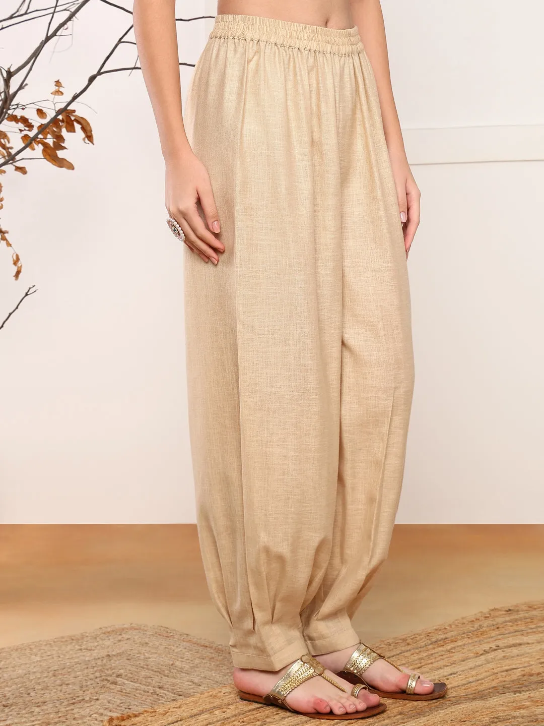 Women Beige Viscose Rayon Solid Embroidered A-Line Kurta Salwar With Dupatta