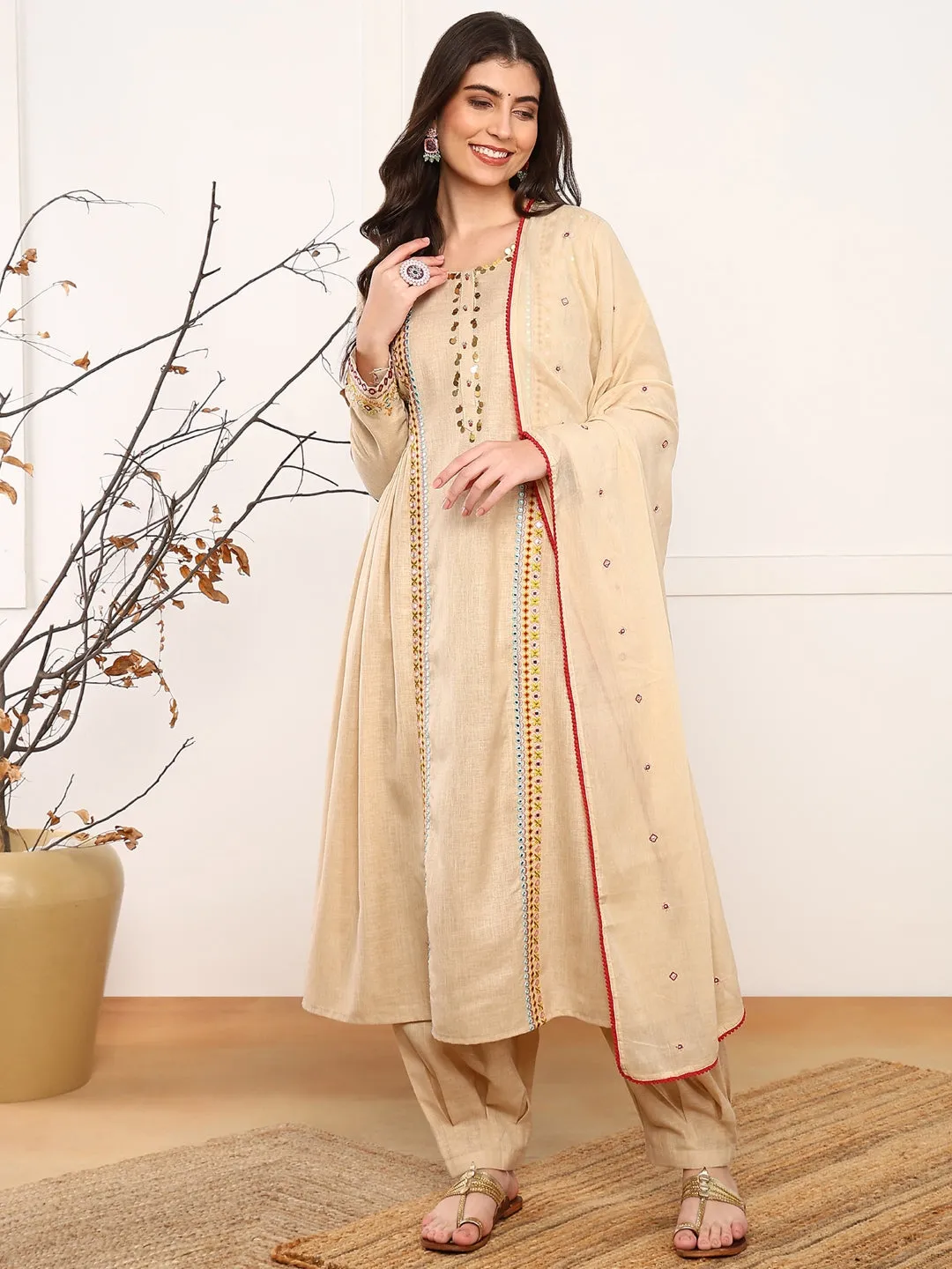Women Beige Viscose Rayon Solid Embroidered A-Line Kurta Salwar With Dupatta