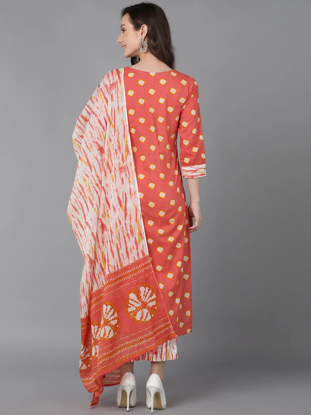Women Orange Rayon Blend Bandhani Embroidered Straight Kurta Trousers With Dupatta