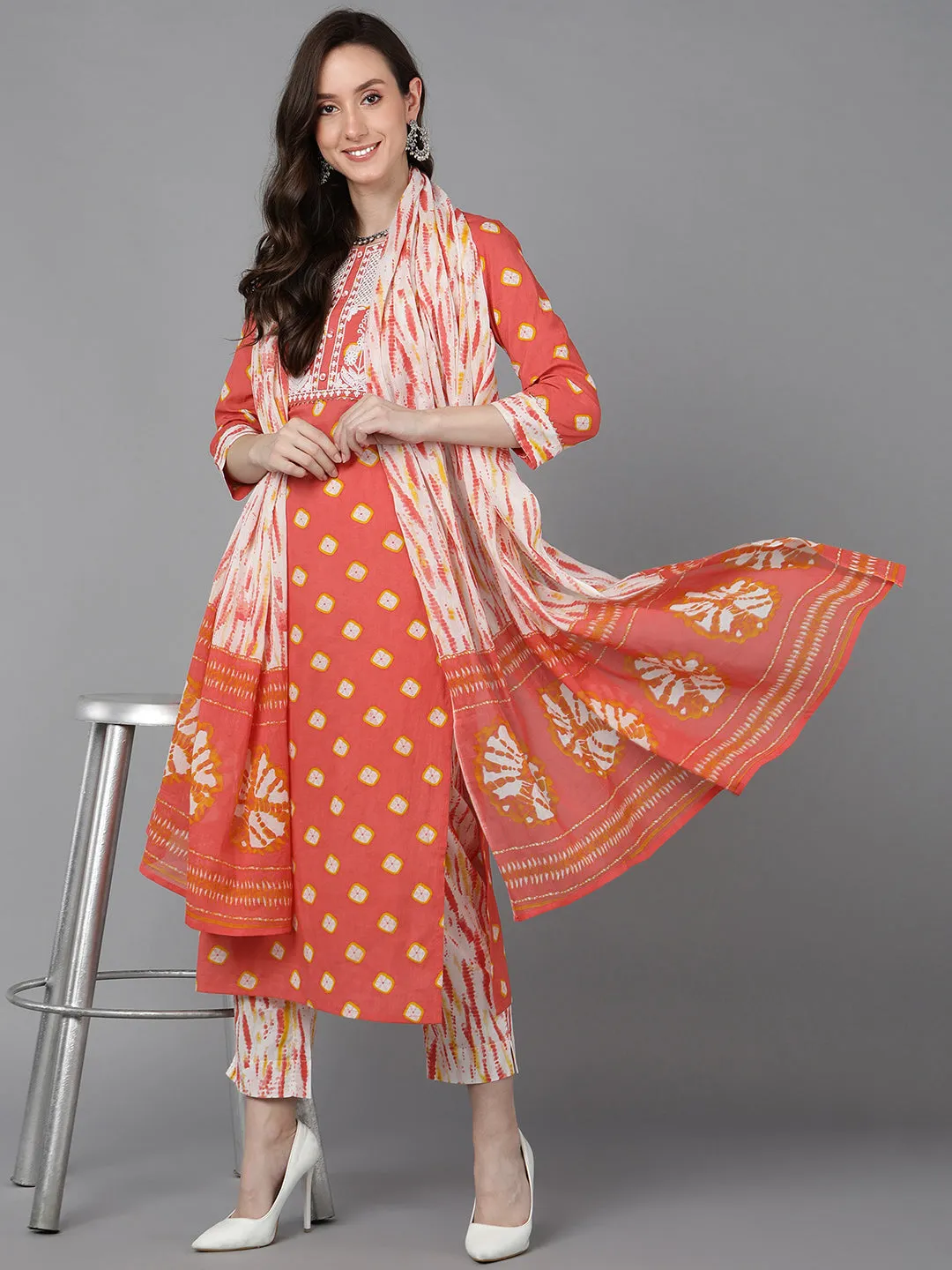 Women Orange Rayon Blend Bandhani Embroidered Straight Kurta Trousers With Dupatta