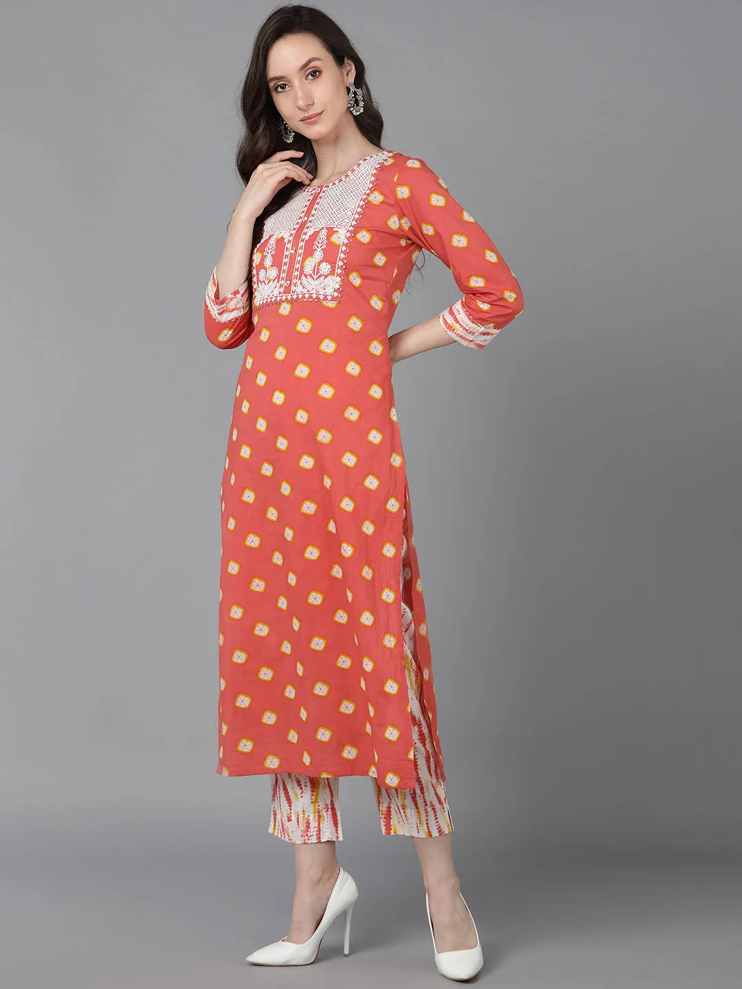 Women Orange Rayon Blend Bandhani Embroidered Straight Kurta Trousers With Dupatta